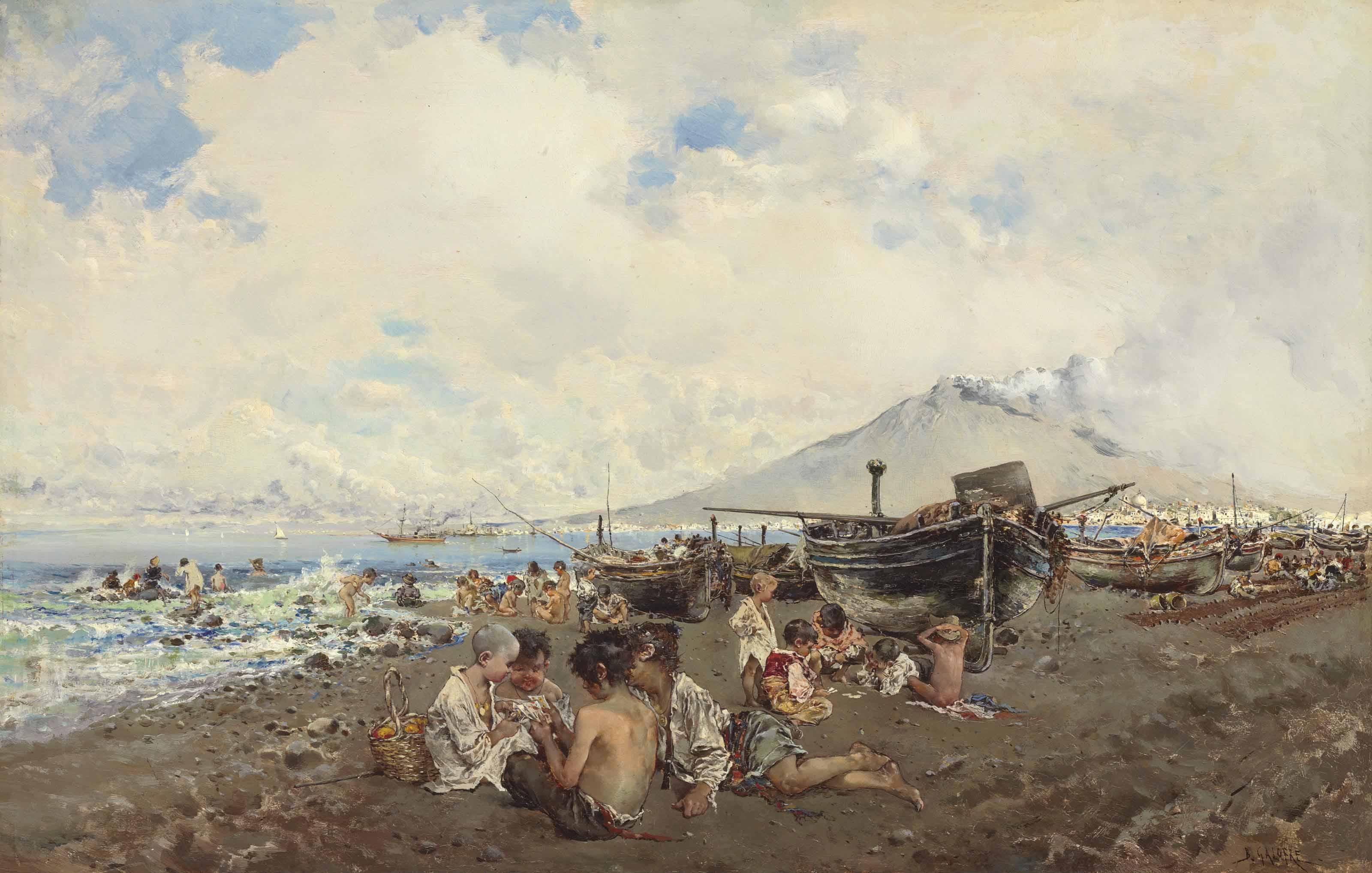 Baldomero Galofre Giménez - Children Playing Cards on a Beach, the Bay of Naples and Vesuvius beyond