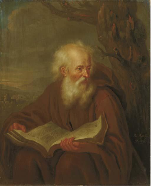 Balthasar Beschey - A hermit reading by a tree, a landscape beyond