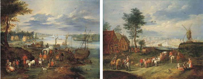 Balthasar Beschey - A River Landscape With Wagons And Townsfolk On A Path And Boats; And An Extensive Landscape With A Windmill And Figures, A Canal Beyond