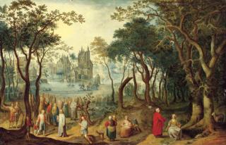 Balthasar Beschey - A wooded river landscape with Christ and the Young Ruler, a village beyond