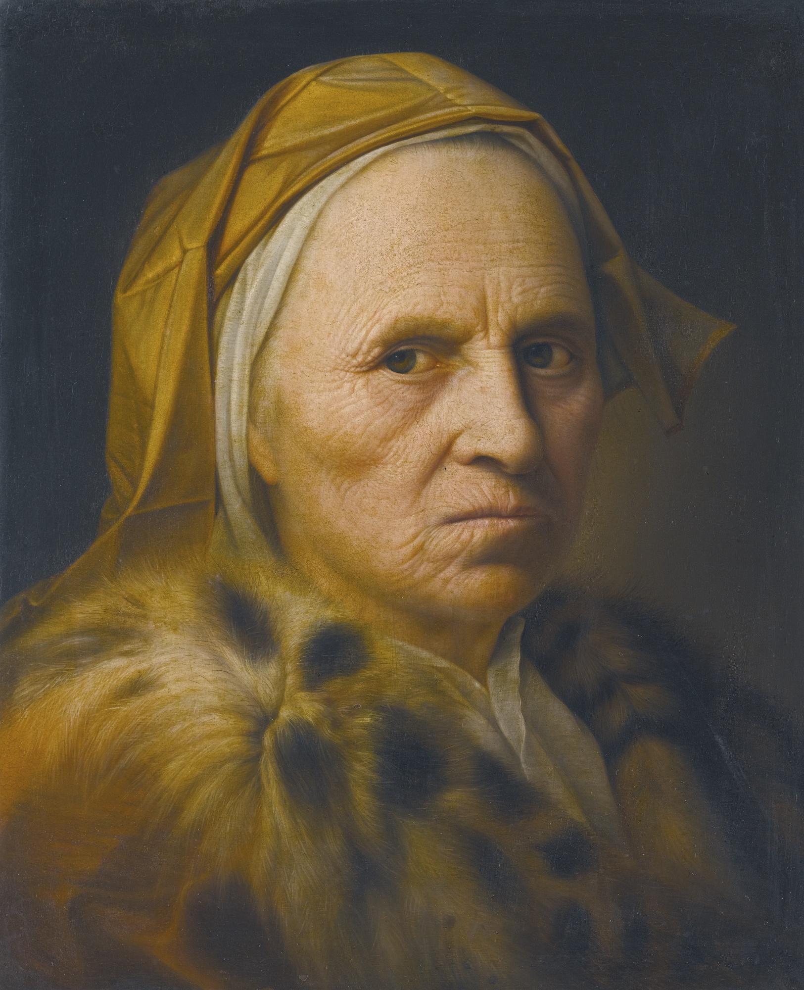 Balthasar Denner - Portrait Of An Old Lady Wearing A Fur Trimmed Coat