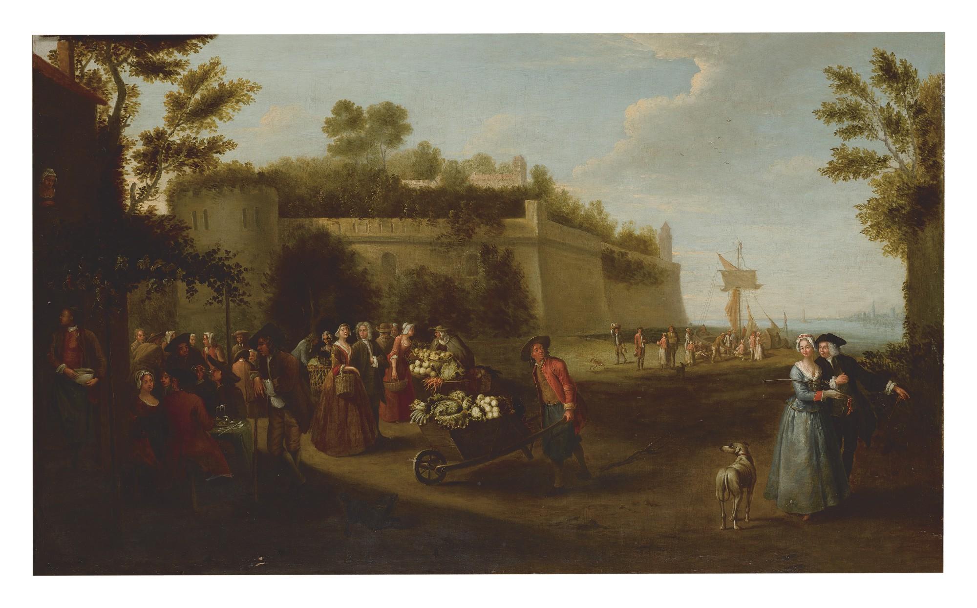 Balthasar Nebot - A Market Scene With Fruit And Vegetable Sellers In Front Of A Walled Town