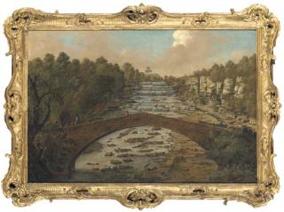 Balthasar Nebot - A View On The River Skell At Studley Royal, Yorkshire, With Figures On A Bridge, Cascades Beyond, And Herons Below