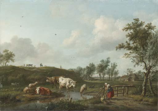 Balthasar Paul Ommeganck - A landscape with cows watering and a Shepherdess mending a fence