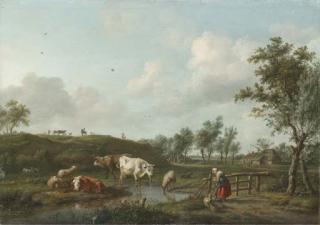 Balthasar Paul Ommeganck - A landscape with cows watering and a Shepherdess mending a fence