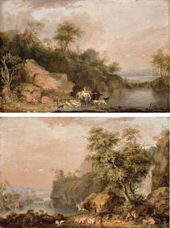 Balthasar-Paul Ommeganck - A rocky river landscape with herdsmen watering their cattle and sheep; and A rocky river landscape with travellers and a shepherd on a path