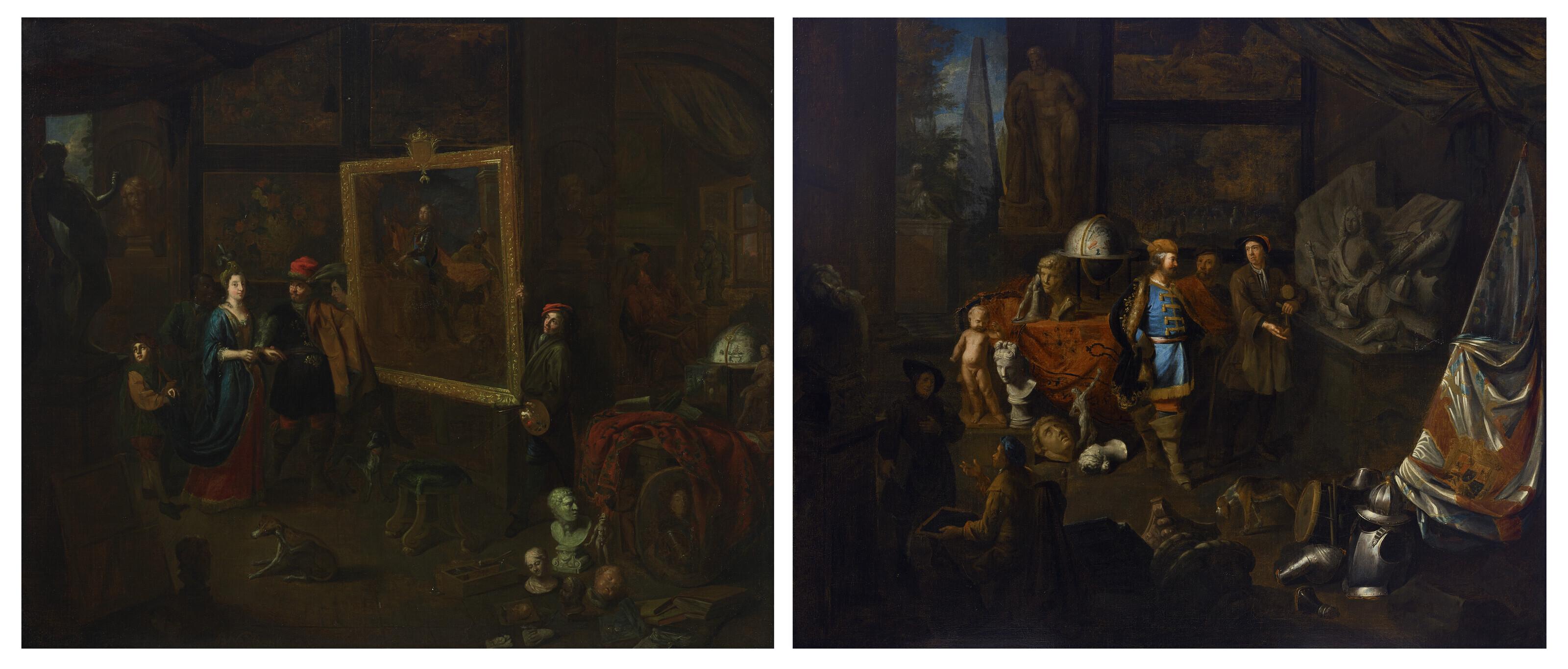 Balthasar van den Bossche - A painter\'s studio with an elegant couple; and A sculpture\'s studio with a well-dressed visitor