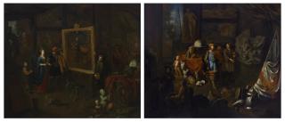 Balthasar van den Bossche - A painter\'s studio with an elegant couple; and A sculpture\'s studio with a well-dressed visitor