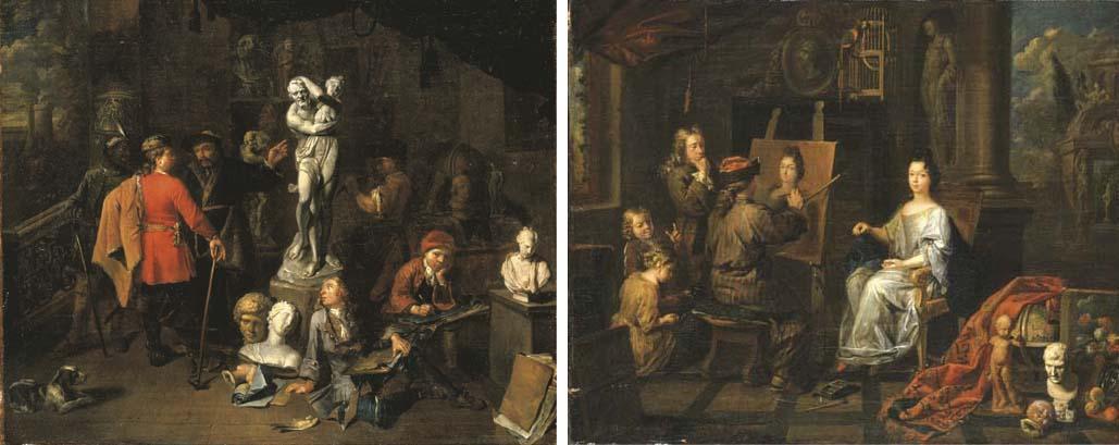Balthasar Van Den Bossche - The interior of a sculptor\'s studio; and An elegant interior with an artist painting a portrait of a lady