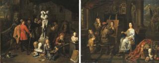 Balthasar Van Den Bossche - The interior of a sculptor\'s studio; and An elegant interior with an artist painting a portrait of a lady