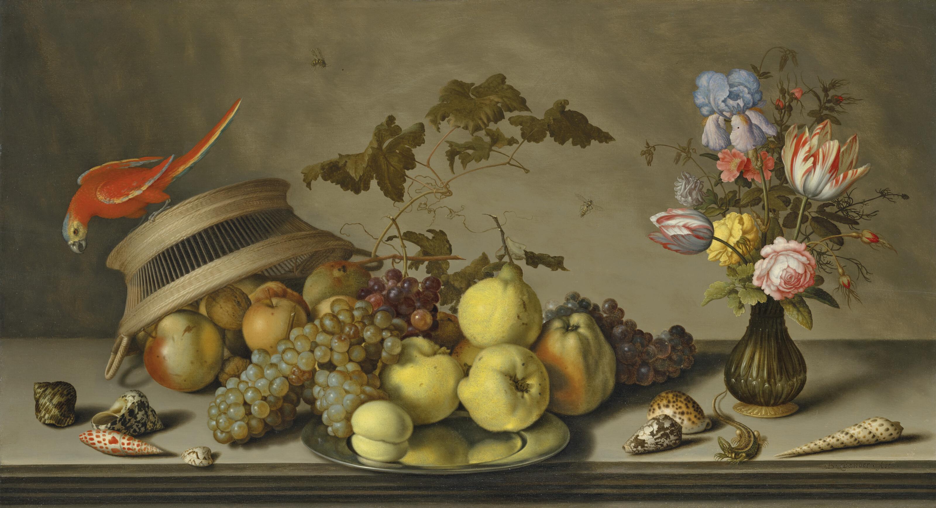 Balthasar Van Der Ast - A parakeet on an upturned basket, with fruit, a pewter plate, a vase of flowers, insects, a lizard and shells on a stone ledge