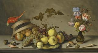 Balthasar Van Der Ast - A parakeet on an upturned basket, with fruit, a pewter plate, a vase of flowers, insects, a lizard and shells on a stone ledge