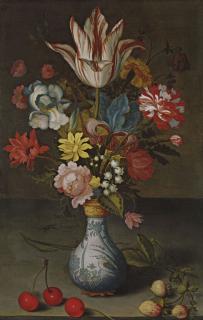 Balthasar Van Der Ast - A Semper Augustus tulip and other flowers in a Wan-li gilt-mounted vase on a stone ledge