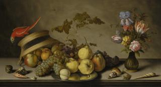 Balthasar Van Der Ast - A Still Life Of Fruit On A Pewter Plate, A Parakeet Perched On A Basket, A Flower Vase, Shells And A Lizard, On A Ledge