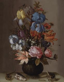 Balthasar Van Der Ast - A Still Life Of Tulips, Roses, Irises, Lily-Of-The-Valley, African Marigolds And Other Flowers In A Gold-Mounted Vase, With A Lizard, A Caterpillar And Sea Shells