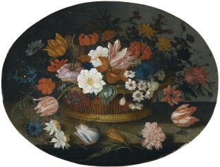 Balthasar Van Der Ast - A Still Life Of Tulips, Roses, Narcissi, Daffodils, Hyacinths, Anemones And An Iris In A Basket On A Stone Ledge