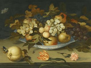 Balthasar Van Der Ast - A Still Life With A Delft Bowl Containing Fruit, On A Ledge With Flowers, Insects And A Lizard