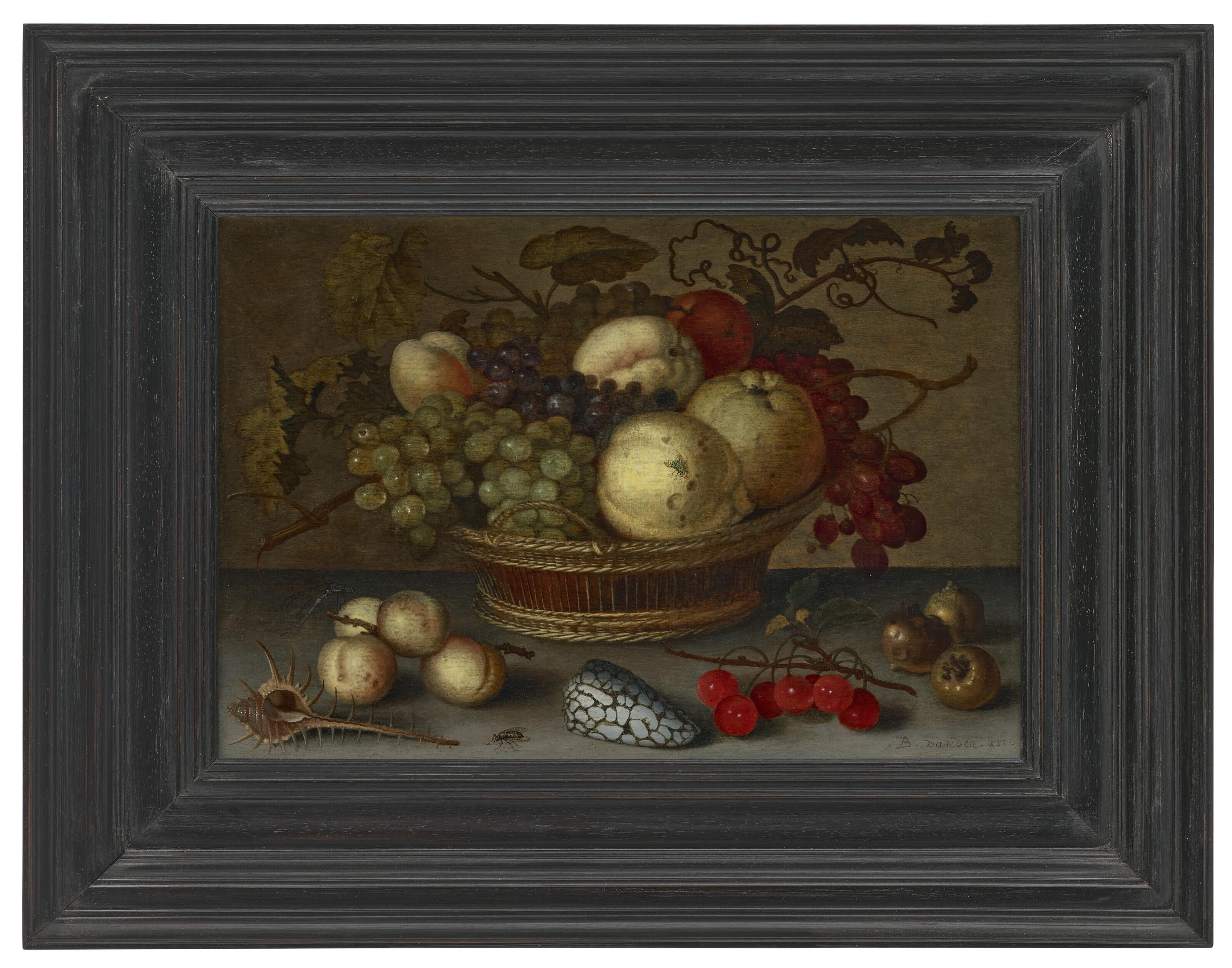 Balthasar Van Der Ast - Apples and grapes in a basket, with fruit and shells on a stone ledge