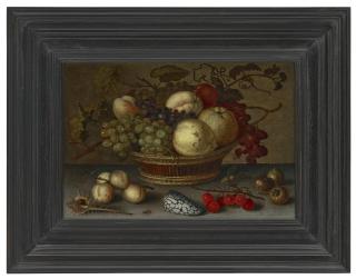 Balthasar Van Der Ast - Apples and grapes in a basket, with fruit and shells on a stone ledge