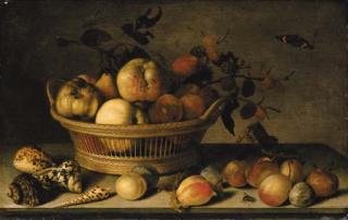 Balthasar Van Der Ast - Apples, pears and a branch of mulberries in a basket, with plums, shells, a wasp, a Red Admiral, a grasshopper, a caterpillar and a fly on a ledge