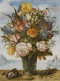 Balthasar Van Der Ast - Flower Bouquet On A Ledge, Together With A Shell And A Grasshopper, A Panoramic Landscape Beyond
