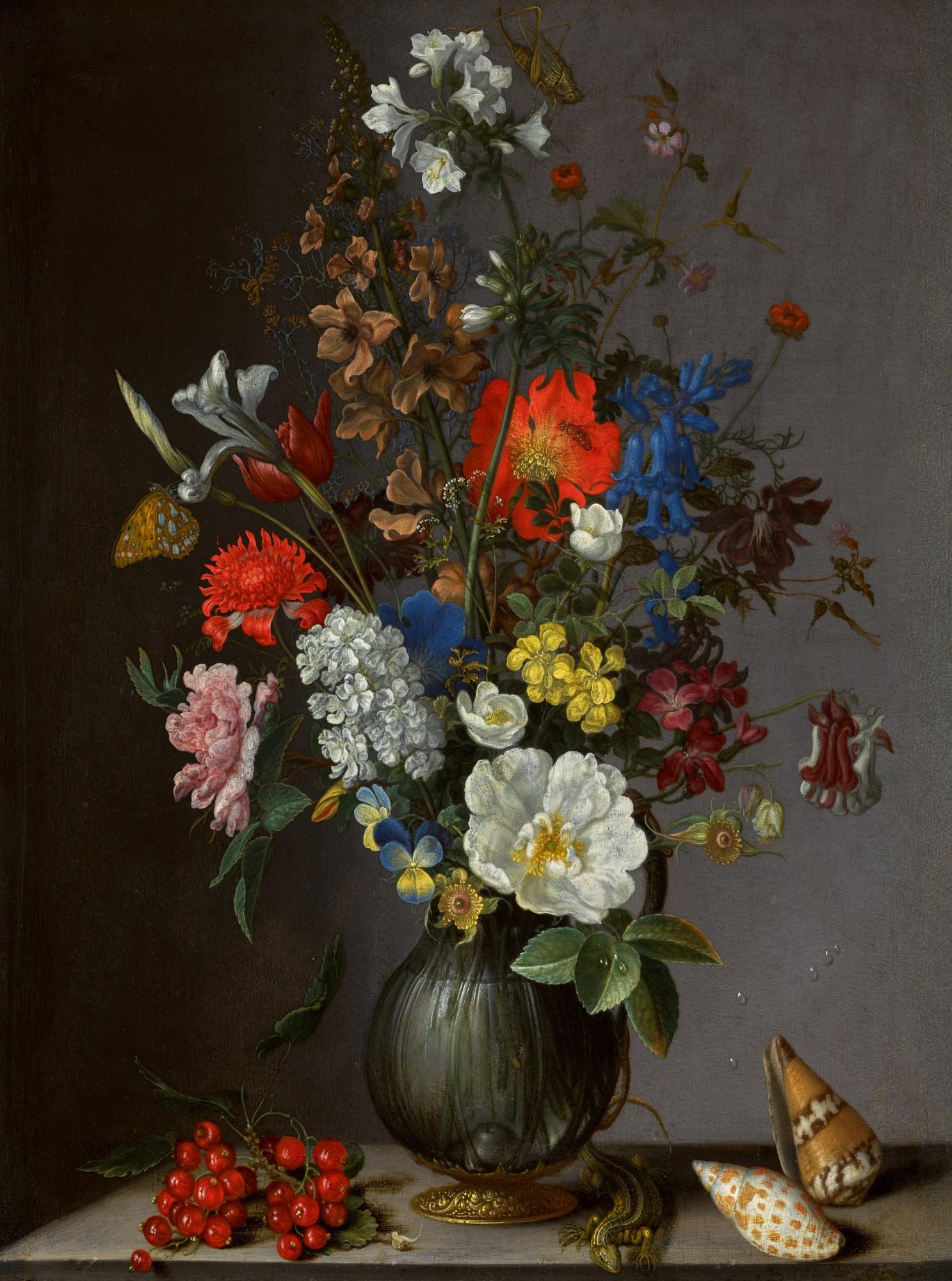 Balthasar van der Ast - Flowers in a vase on a stone ledge, with redcurrants and shells