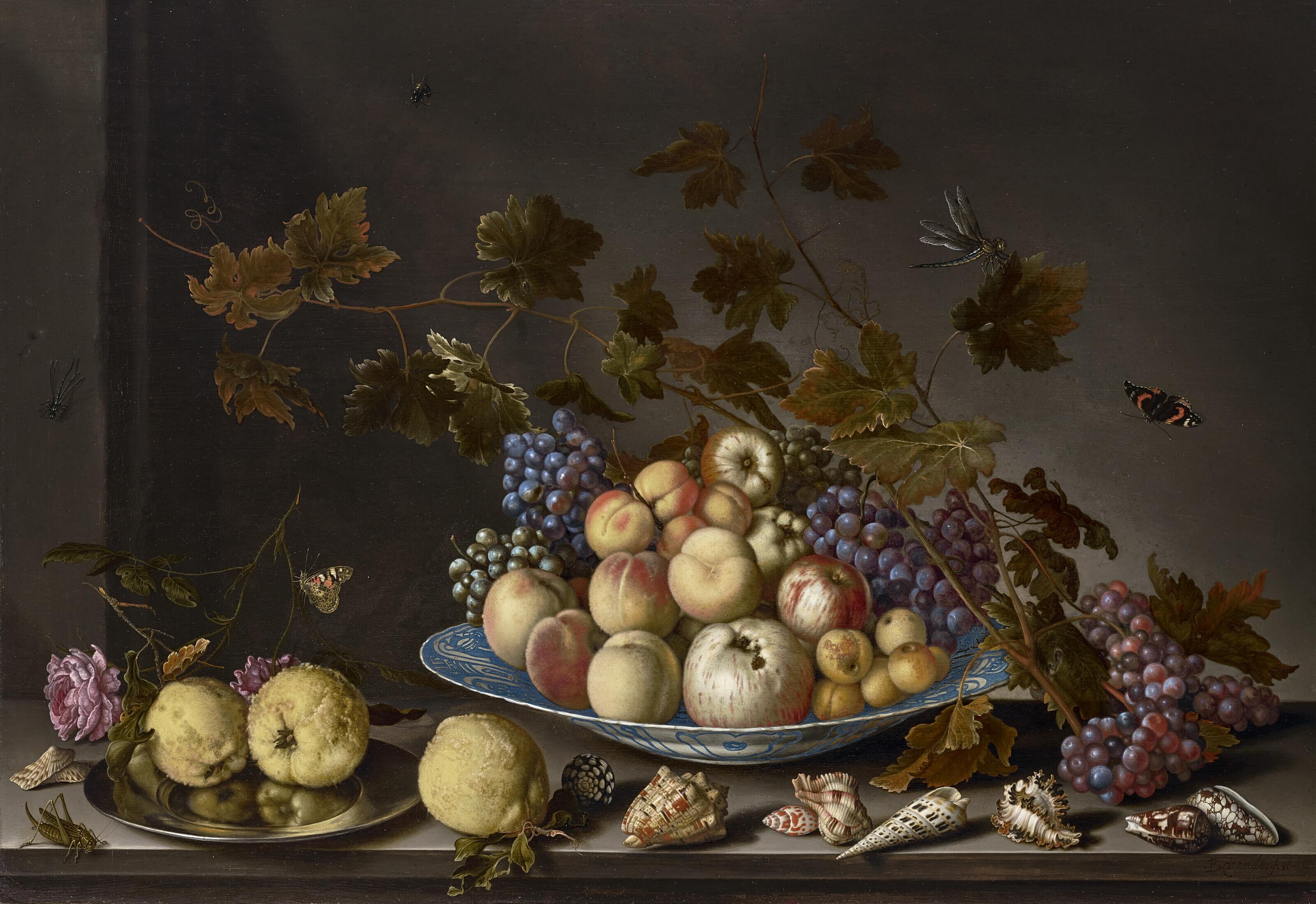Balthasar Van Der Ast - Fruit in a kraak porcelain dish with quinces, roses, shells and insects