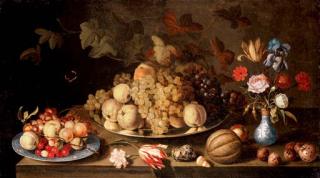 Balthasar van der Ast - Grapes and pears on a pewter plate, with apples, cherries and grapes on a Wanli plate, flowers in a vase and a melon, nuts and shells on a tabletop