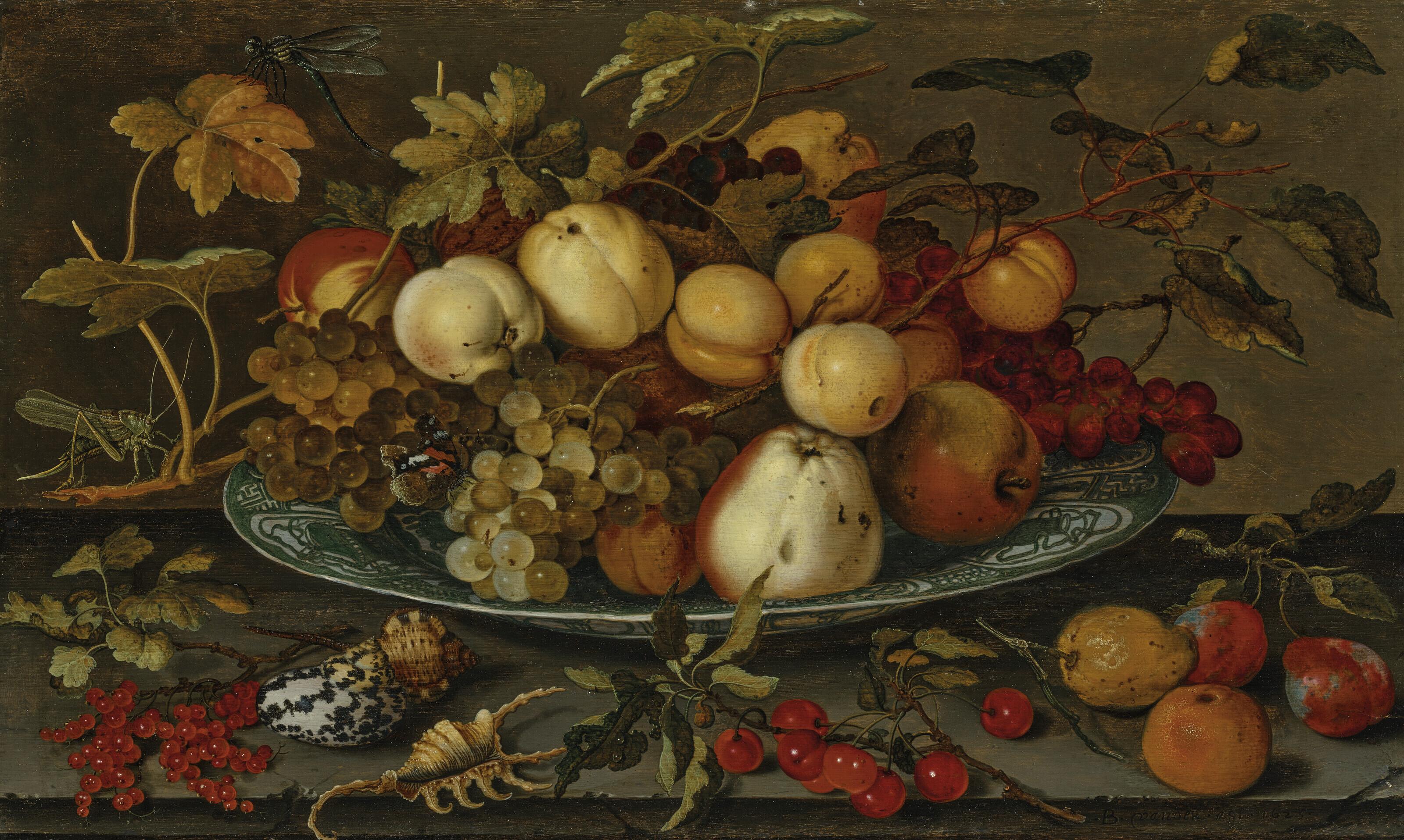 Balthasar Van Der Ast - Grapes, peaches, apples and plums in a wan-li bowl on a ledge, with shells, a grasshopper and other fruit
