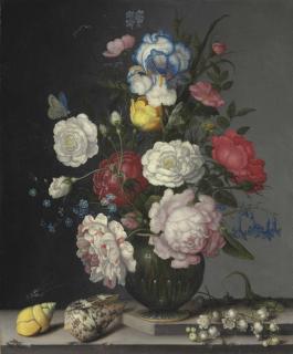 Balthasar van der Ast - Roses, Anemone, Iris, Hyacinth, Lily Of The Valley, And Forget-Me-Nots, With Insects, Shells And A Lizard On A Stone Ledge