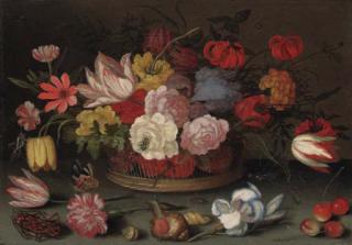 Balthasar Van Der Ast - Roses, fritillaries, and lilies in a basket with cherries, shells, and an insect on a table