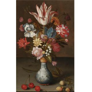 Balthasar van der Ast - Still Life Of A \'Semper Augustus\' Tulip, Irises, A Carnation And Other Flowers In A Wan-Li Vase, Resting On A Table With Cherries And Berries
