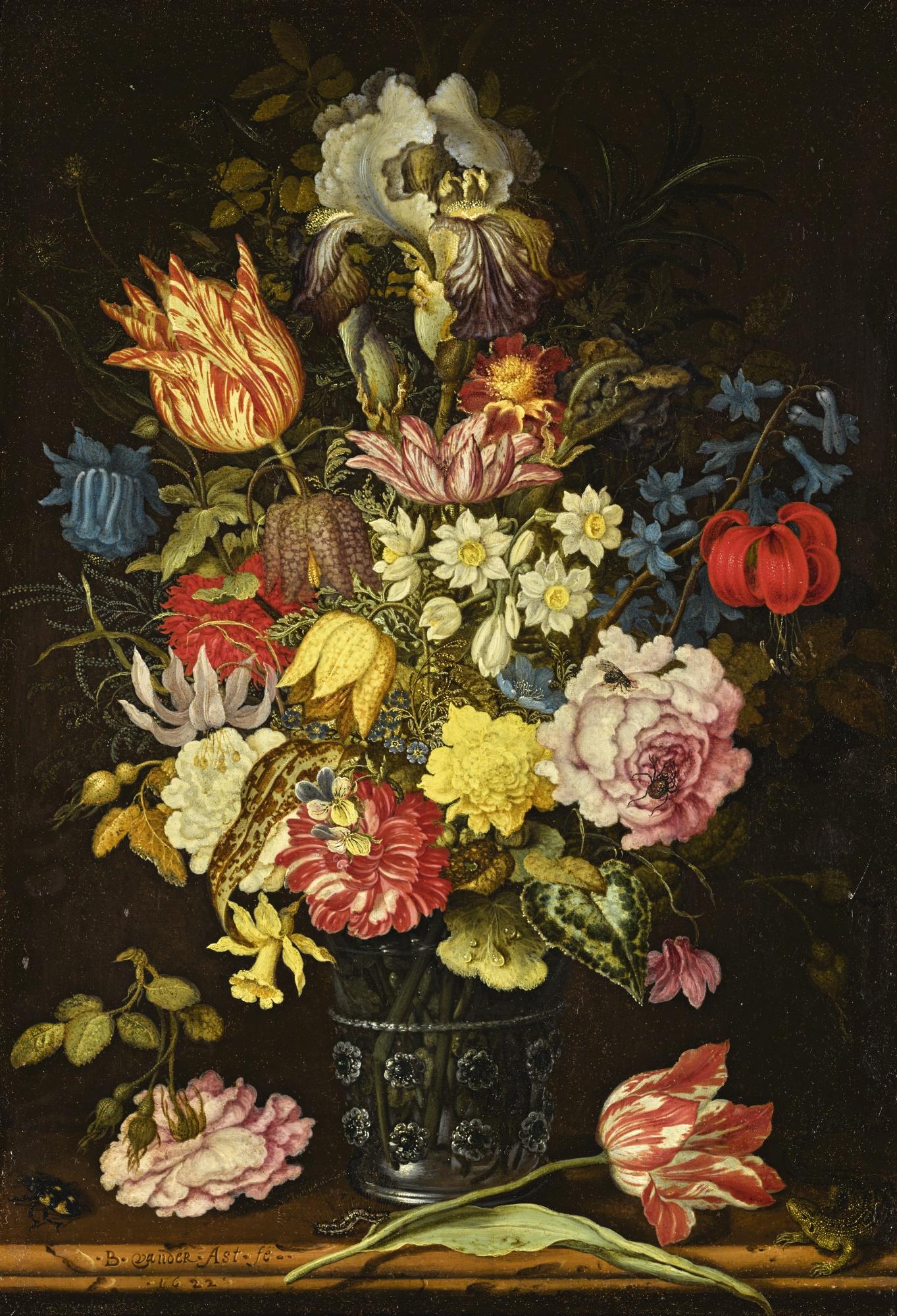 Balthasar Van Der Ast - Still Life Of Flowers In A Glass Beaker On A Stone Ledge, Together With Insects And A Lizard