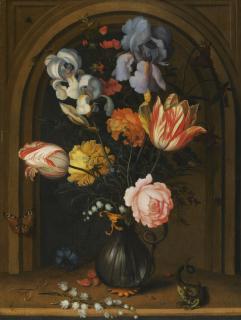 Balthasar Van Der Ast - Still Life Of Irises, Columbines, Tulips, Roses And Lily Of The Valley In A Glass Vase Flanked By A Lizard And A Butterfly