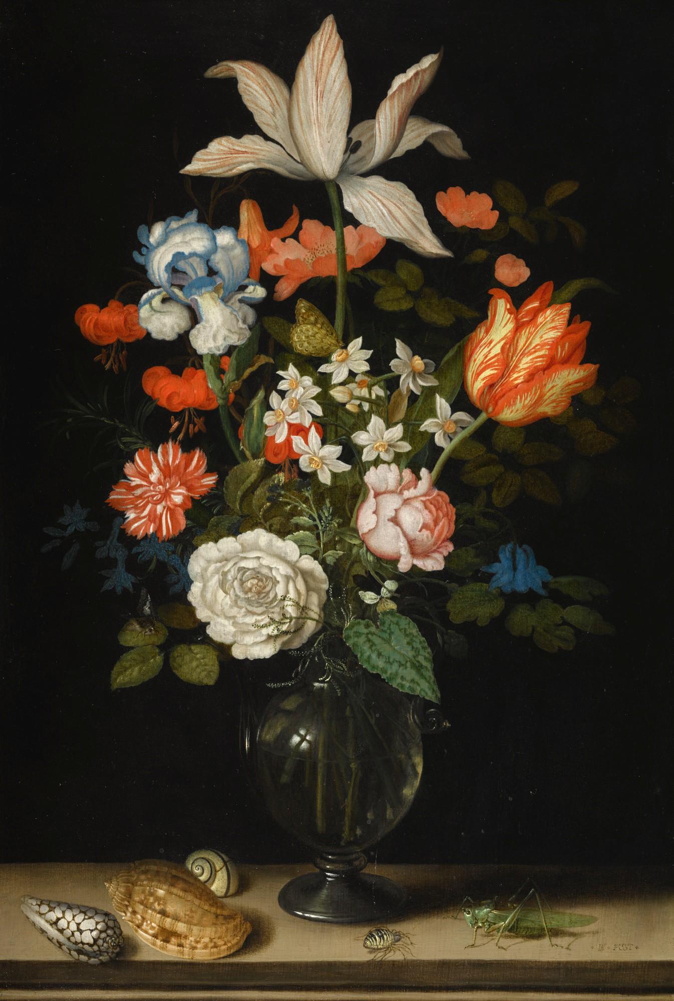 Balthasar Van Der Ast - Still Life Of Mixed Flowers In A Glass Vase, With Three Shells, A Grasshopper And A Spider On A Tabletop