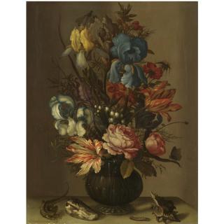 Balthasar van der Ast - Still Life Of Roses, Tulips, Irises, French Marigold, And Lily Of The Valley In A Glass Vase, On A Ledge, Flanked By Shells, A Lizard And A Caterpillar