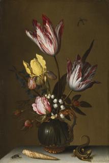 Balthasar Van Der Ast - Still Life Of Tulips, Roses, An Iris And Lily Of The Valley In An Ornate Glass Jug On A Stone Ledge With A Lizard And A Shell