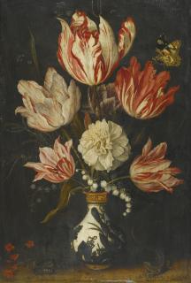 Balthasar van der Ast - Still Life Of Variegated Tulips In A Ceramic Vase, With A Wasp, A Dragonfly, A Butterfly And A Lizard