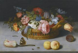 Balthasar Van Der Ast - Still Life With Roses, Tulips, Irises And Other Flowers In A Wicker Basket, With Fruit And Insects On A Ledge