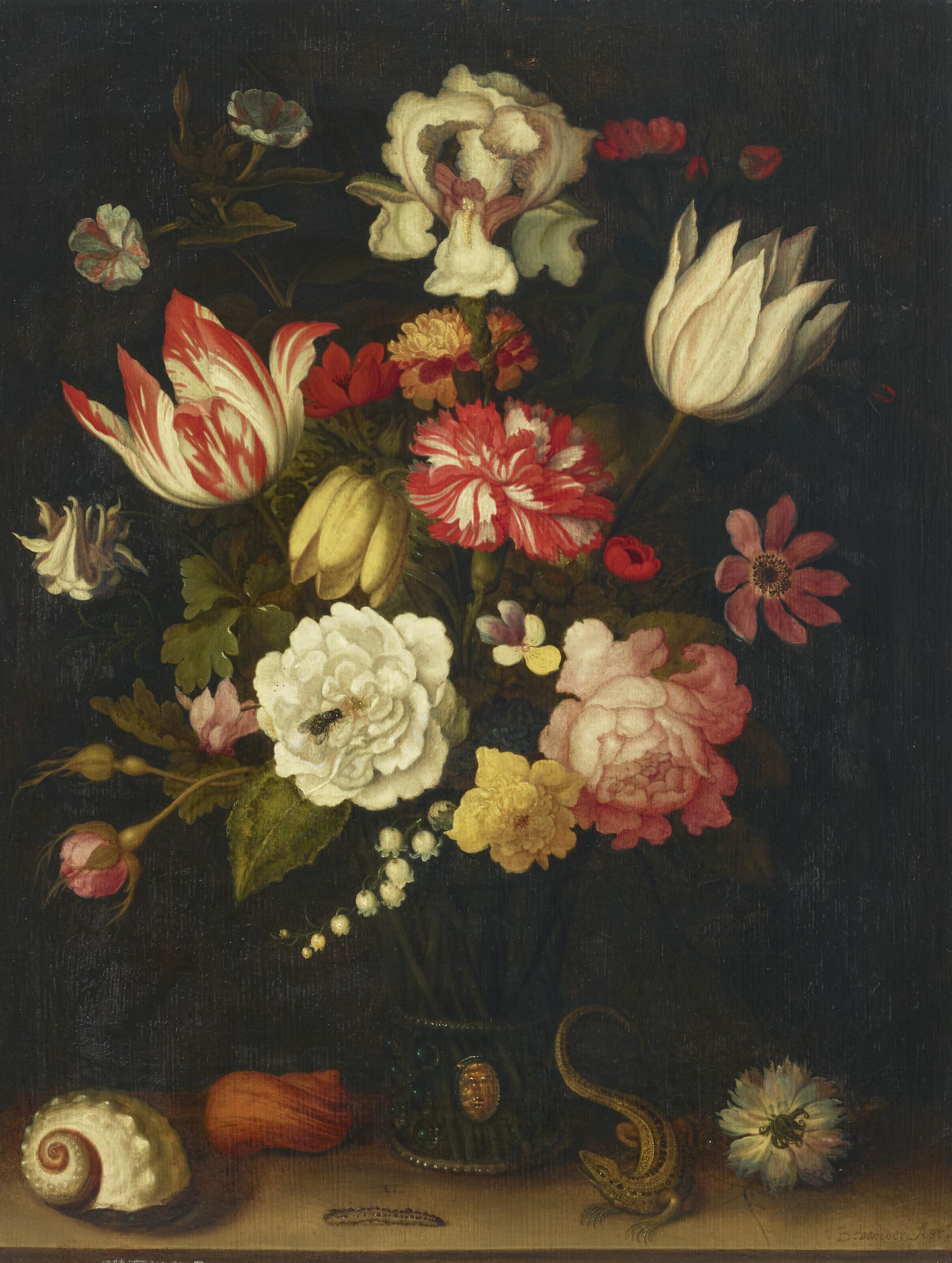 Balthasar Van Der Ast - Tulips, carnations, roses and other flowers in a roemer with shells and a lizard on a ledge