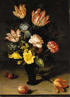 Balthasar Van Der Ast - Tulips, irises, roses, forget-me-nots, chrysanthemums and hypericum in a roemer, with cherries, a plum, a tulip and a caterpiller on a stone ledge