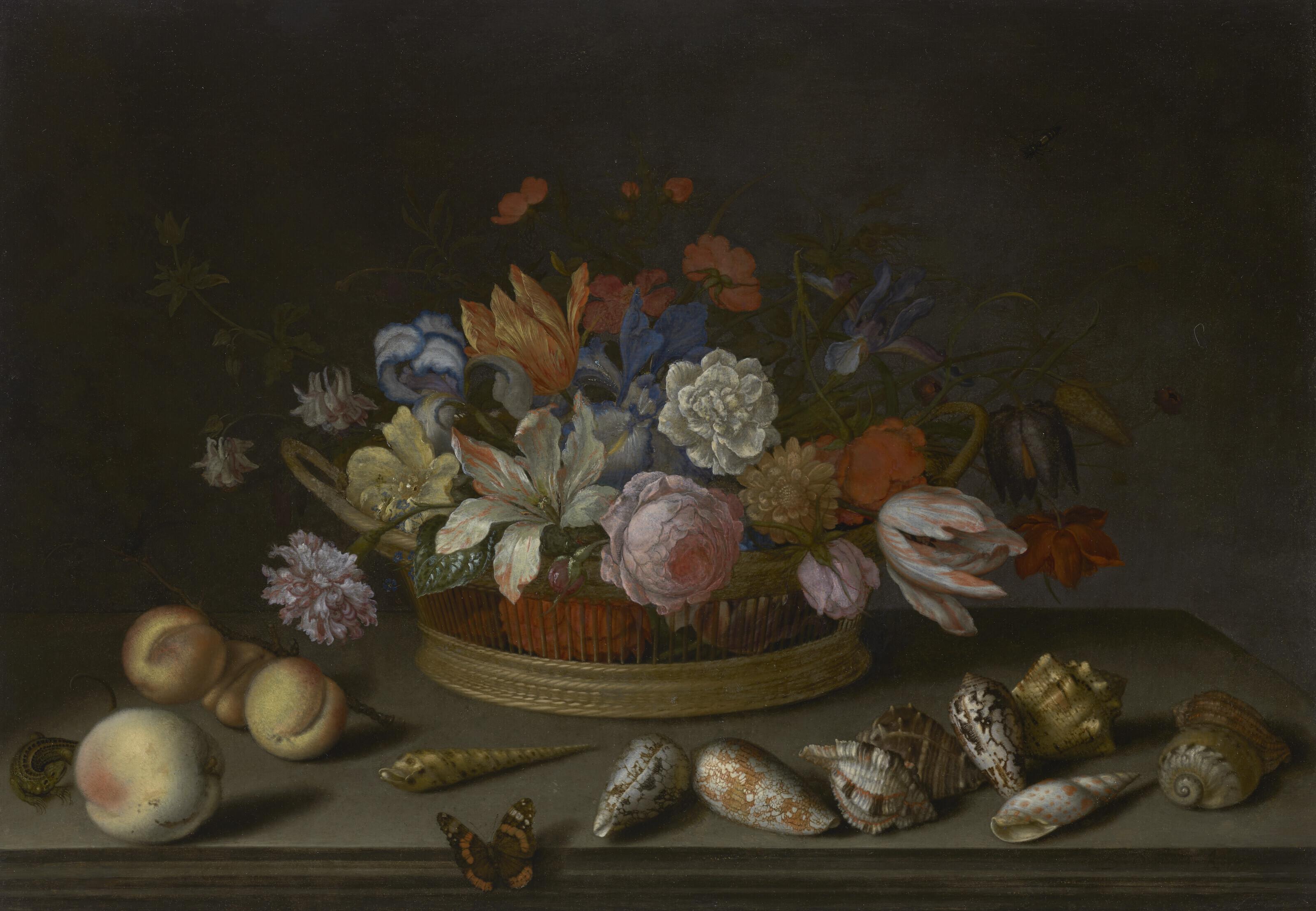 Balthasar van der Ast - Tulips, roses and other flowers in a basket on a table, with shells, fruit, a lizard and a butterfly