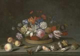 Balthasar Van Der Ast - Tulips, roses and other flowers in a basket on a table, with shells, fruit, a lizard and a butterfly