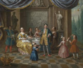 Balthazar Beschey - An Interior Scene With Figures Seated At A Table Eating Oysters And Children Playing And Blowing Bubbles