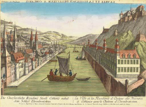 Balthazar Frederic Leizal - Vue de la ville de Moyance; la capitale, et refidence des Dresden vers l\'Orient; la ville et la residence d\'Electeur a Coblance; and la ville de Bonn