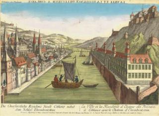 Balthazar Frederic Leizal - Vue de la ville de Moyance; la capitale, et refidence des Dresden vers l\'Orient; la ville et la residence d\'Electeur a Coblance; and la ville de Bonn