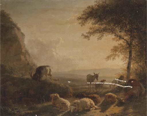 Balthazar Paul Ommeganck - A landscape with a shepherd and his flock at sunset