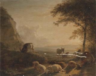Balthazar Paul Ommeganck - A landscape with a shepherd and his flock at sunset