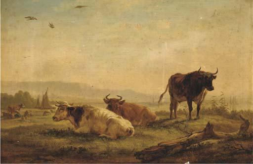 Balthazar Paul Ommeganck - A landscape with cattle on a riverbank