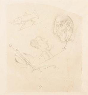 Balthus - Portrait-charge de Claude Hersaint, caricature de vieille femme, poisson et divers